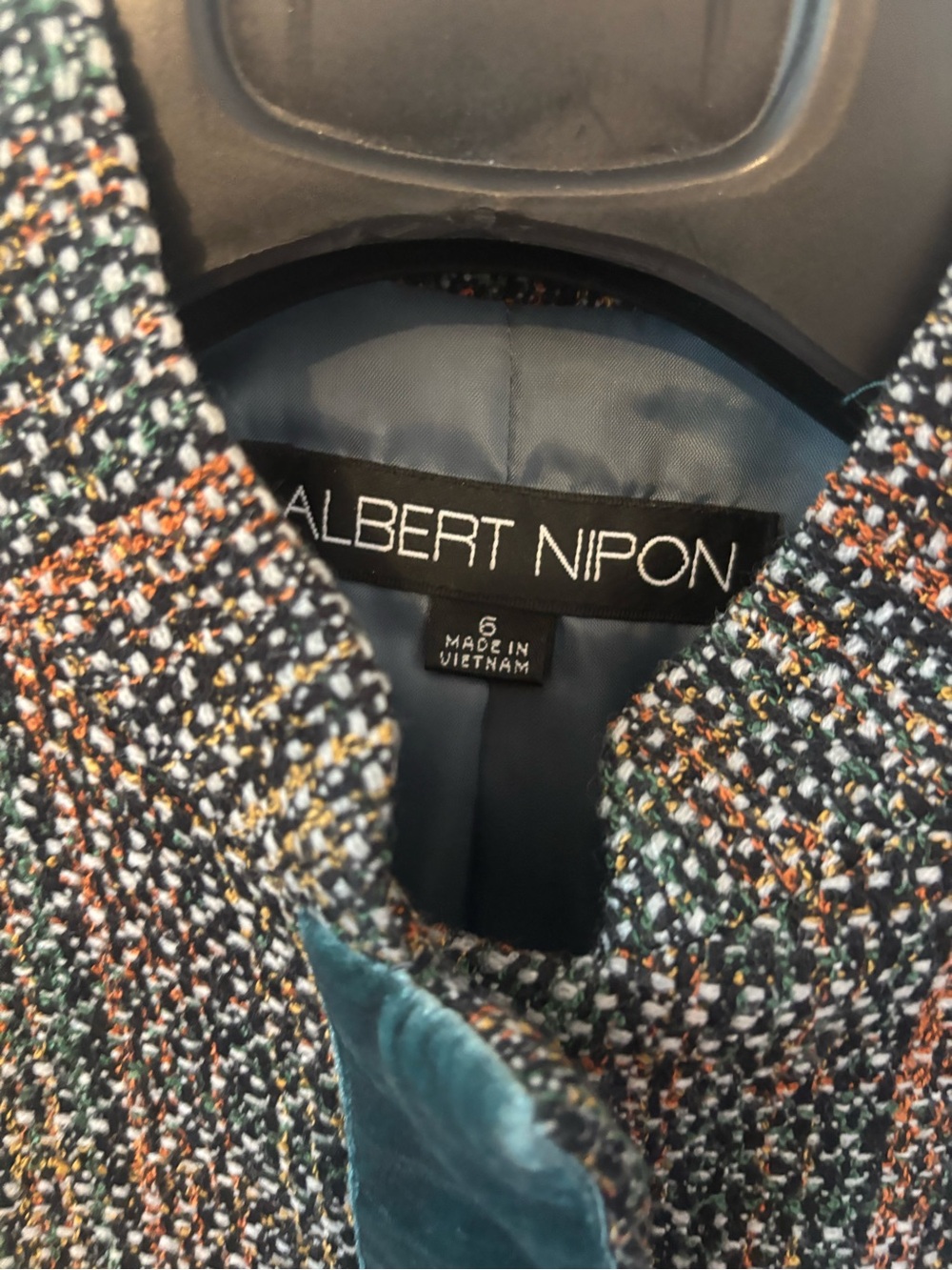 Albert Nipon Multicolor Tweed Blazer with Blue Velvet Trim